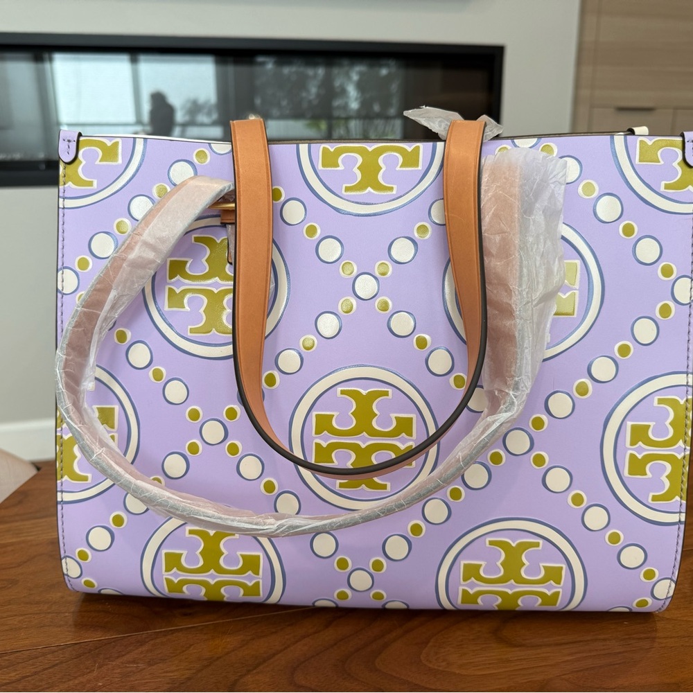 Brand New With Tag Tory Burch White, Lavender and Brown Logo Tote